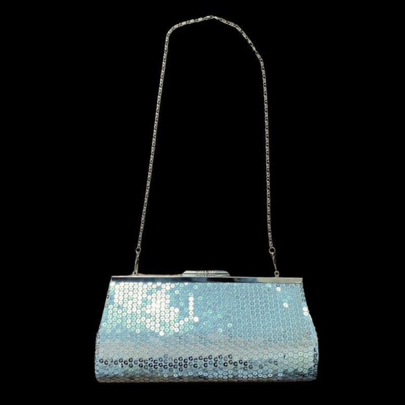 Y2K Silver Disco Sequined Clutch/ Frame Bag with Silver Chain Strap