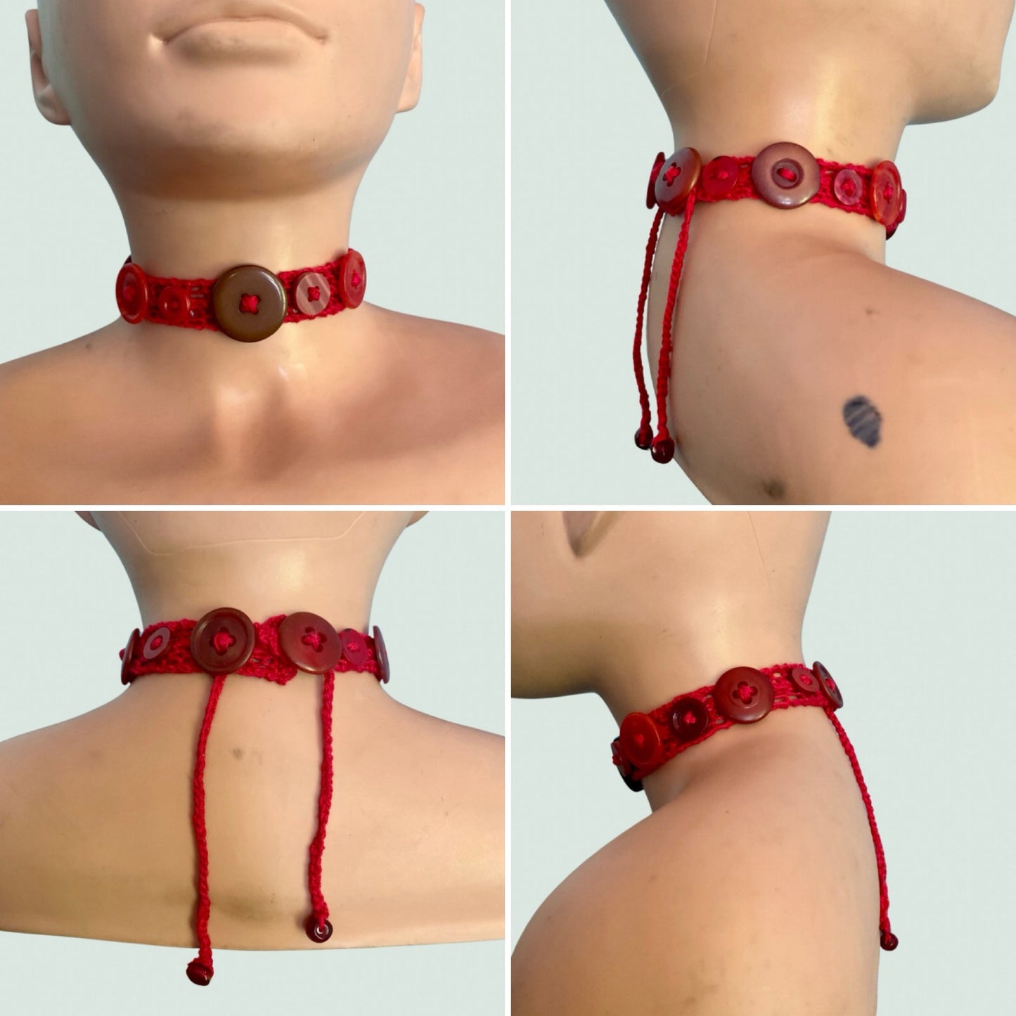 Red/Brown Button Embellished Handknit Cotton Choker Necklace