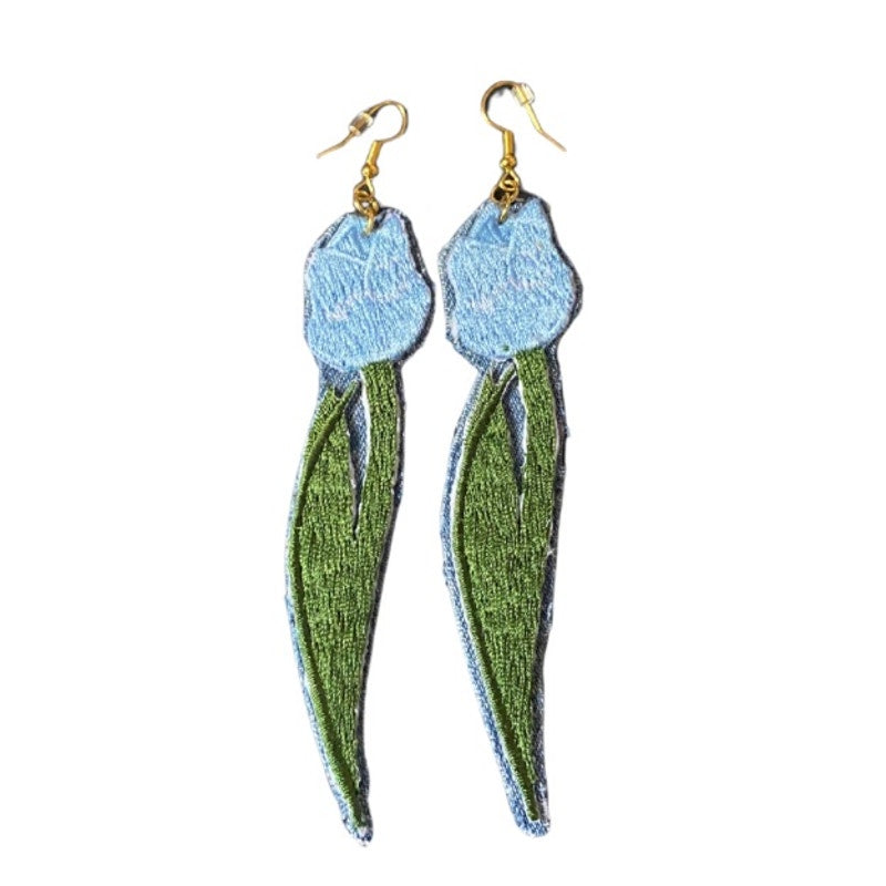 Upcycled Vintage Blue Tulip Embroidered Patch + Denim Earrings