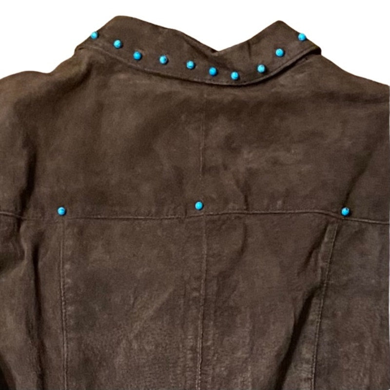 Upcycled Vintage Turquoise Bead Studded Chocolate Brown Suede Genuine Leather Jacket (S)