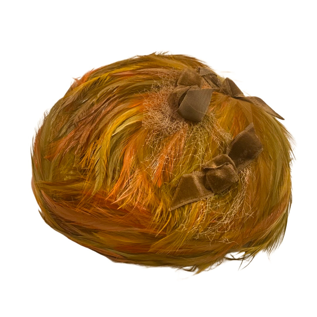 Vintage Orange, Brown, and Green Feather Pillbox Hat