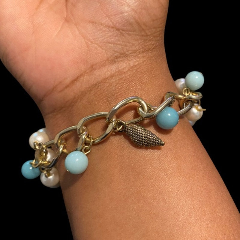 Triple Strand Faux Pearl and Aquamarine Beaded Stretch Bracelet