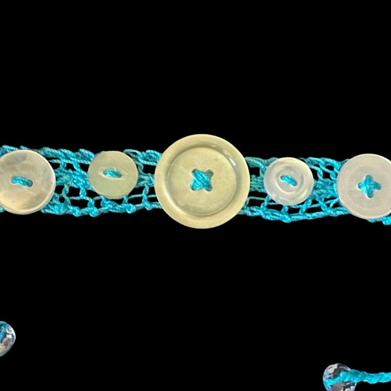 Pearlescent Button Embellished Handknit Turquoise Cotton Choker Necklace