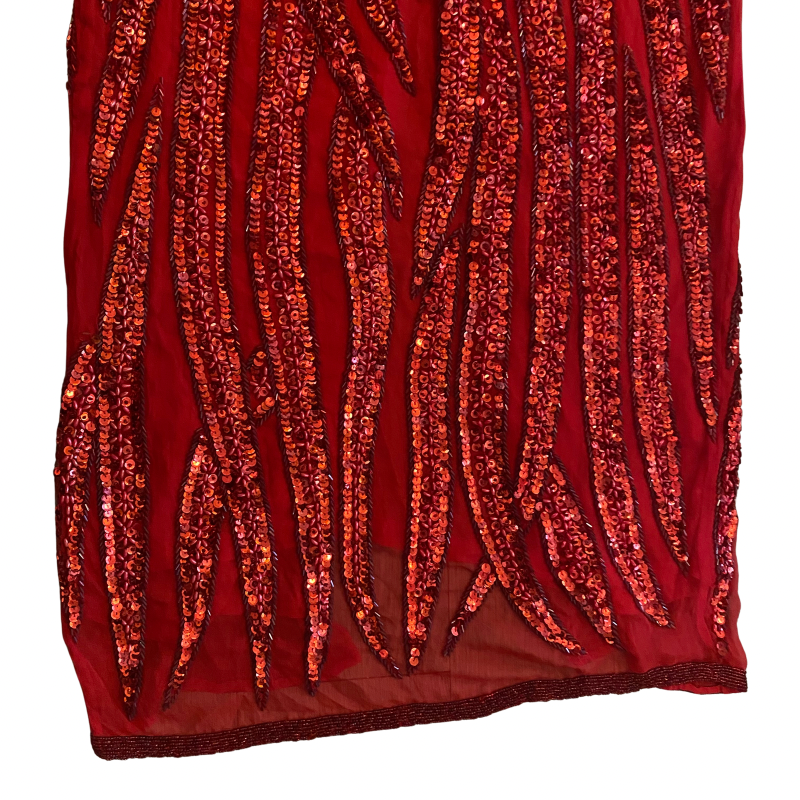 Vintage Handmade 100% Silk Red Bead Sequin Embroidered Halter Top Gown (XXS/XS)