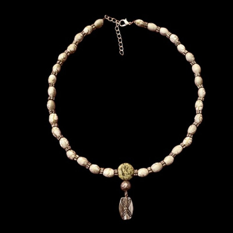 Upcycled Mint Green Marble & Silver Toned Metal Beaded Pendant Necklace