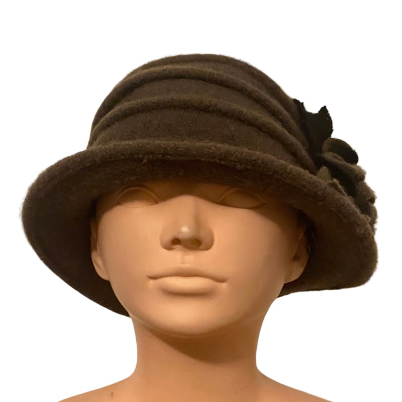 π 1920βs Style Wool Army Green/Black Flower Cloche Hat (57 cm)