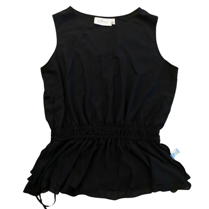 V-Neck Sleeveless Black & White Embroidered Drawstring Waist Chiffon Tank (L)