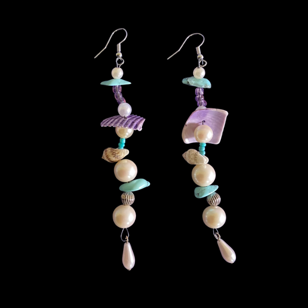Alana | Purple/ Multi Shell Mock Pearl Beaded Wavy Dangle Earrings