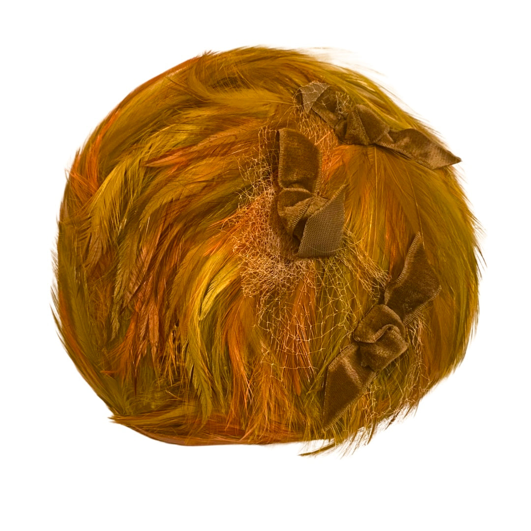 Vintage Orange, Brown, and Green Feather Pillbox Hat