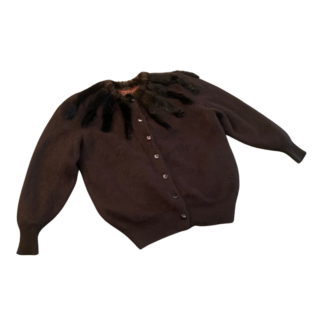 Vintage Chocolate Brown Rabbit Fur Knit Button-Down Sweater (Large)