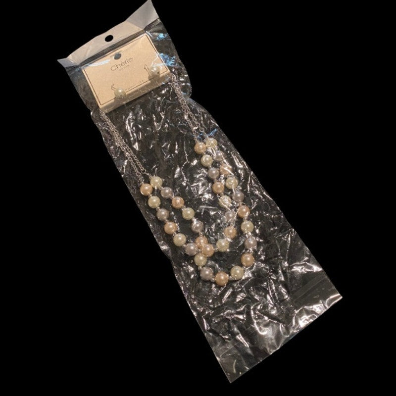 NWT White, Rose, and Lavender Mock Pearl Beaded Layered Necklace and Earring Set