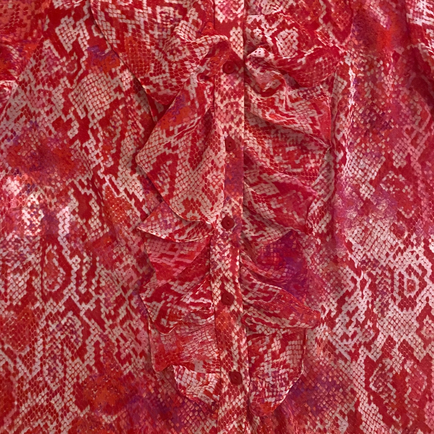 Sheer Pink Snakeskin Pattern Ruffle Button-Down Blouse (8P)