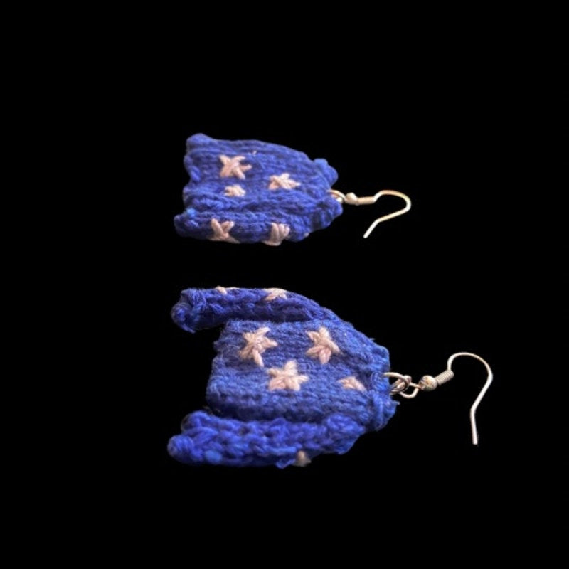 CORALINE Star Embroidered Blue Sweater Earrings | Handknit with Cotton Thread