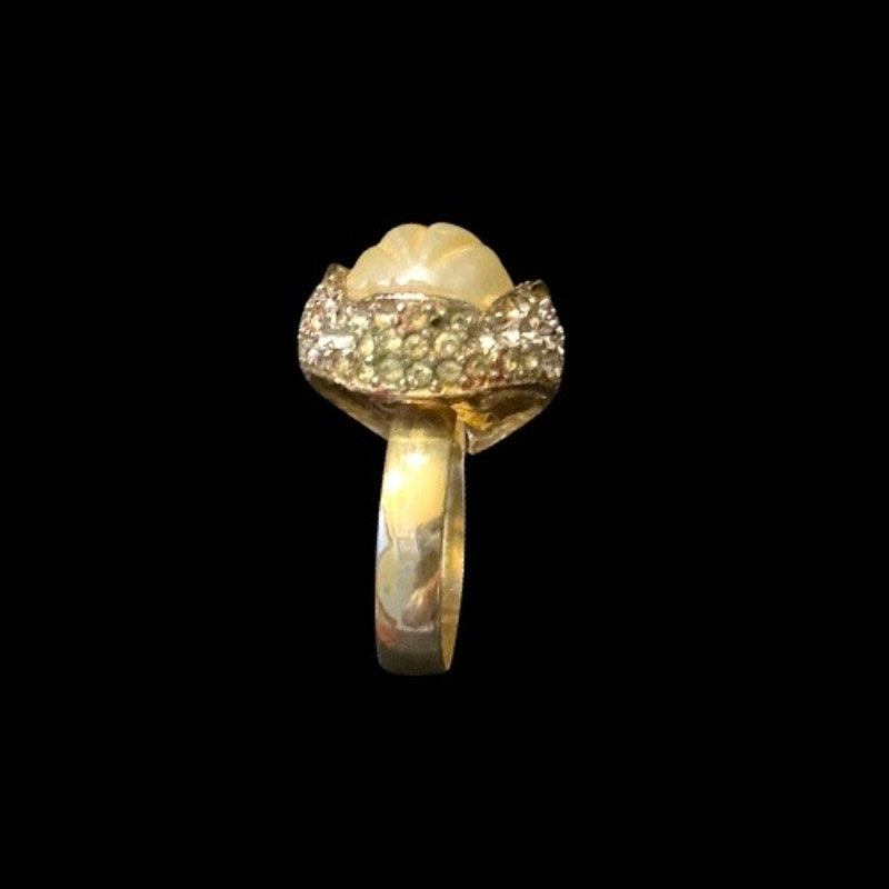 Vintage Faux Pearl Gold Toned Rhinestone Studded Cocktail Ring (9.5, Adjustable)