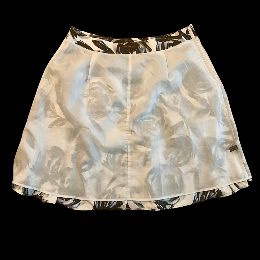 Midnight Blue Watercolor Floral Print Pleated Skirt (L)