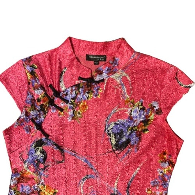 Vintage Hot Pink Chinese Floral Tunic / Mini-Dress (L)