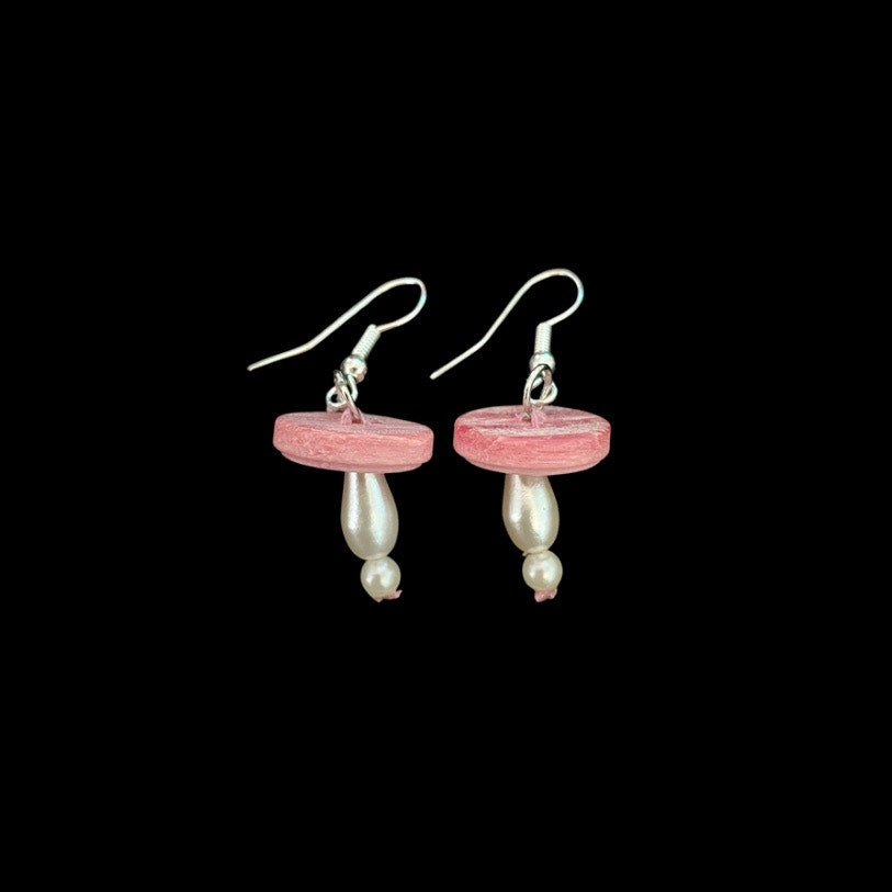 Pink Vintage Pearl Bead & Button Mushroom Earrings