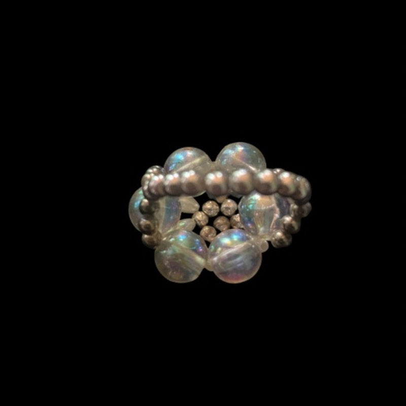 Vintage Silver/White/Clear AB Beaded Flower Cocktail Ring (5)