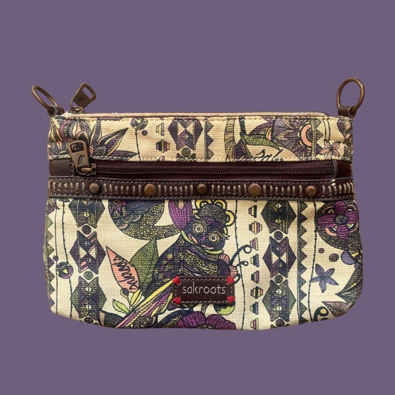 Small Earthy Peace Owl Printed Canvas Crossbody Bag with Dark Brown Faux Leather Strap