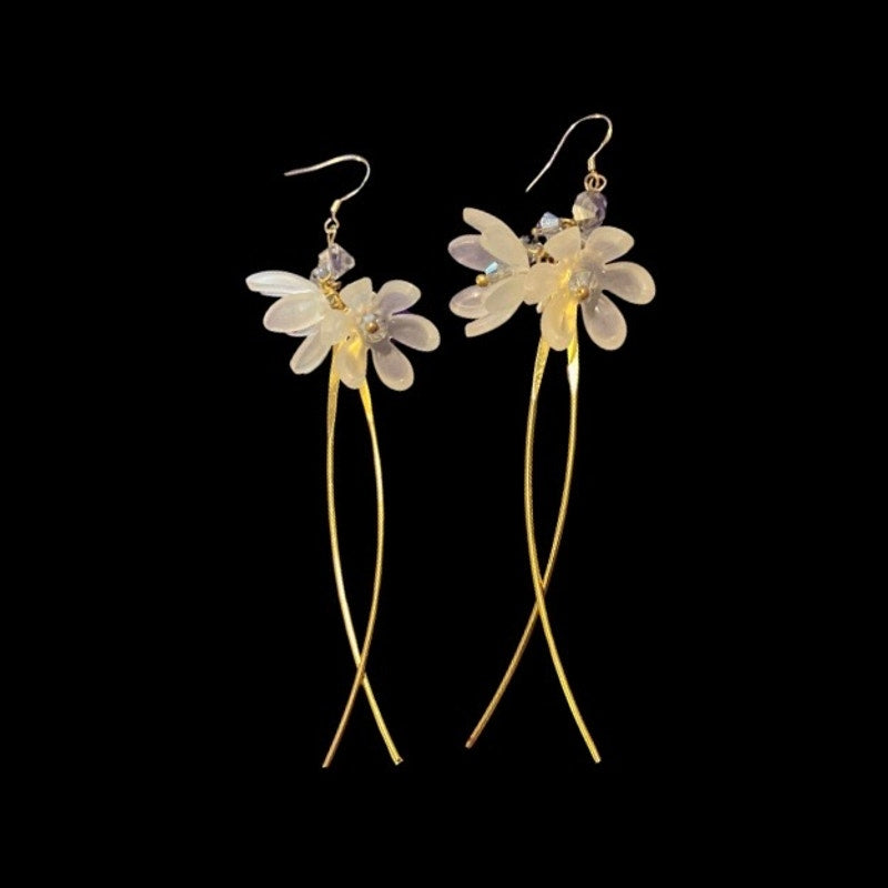Frosted Acrylic Crystal Bead Flower Blossom Gold Dangle and Drop Earrings