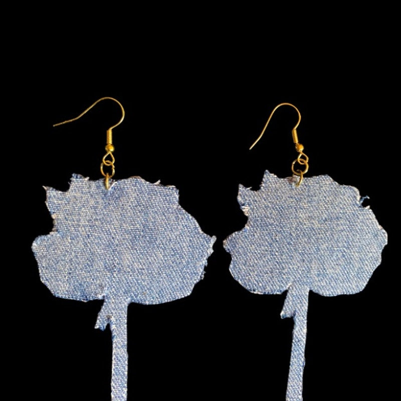 Vintage White/Gold Long Stem Rose Patch + Denim Earrings