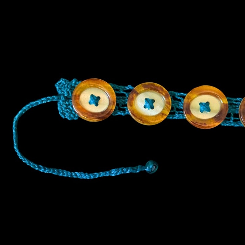 Faux Mother of Pearl /Tortoiseshell Button Embellished Handknit Teal Cotton Choker Necklace