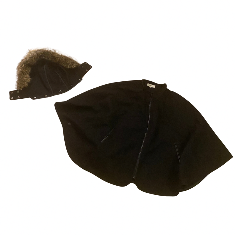 Black Fleece Cape with Removable Faux-fur Trim Hood (S-XXL)