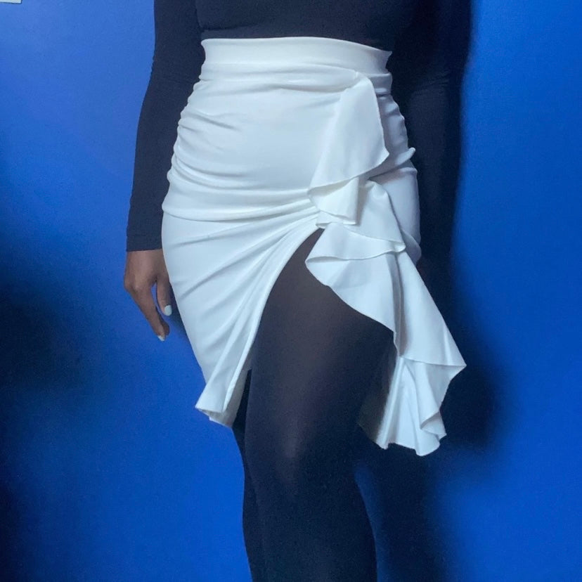 VFShow VFemage White Ruffle Pencil Skirt with Optional High Slit (M)