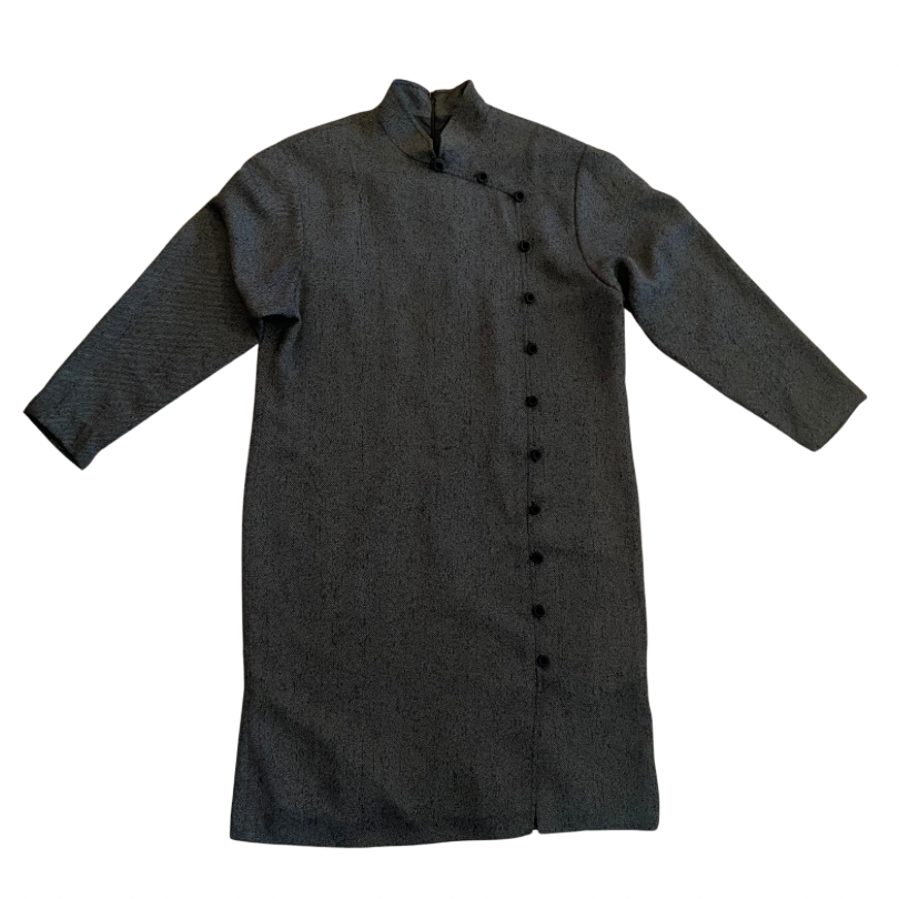 80’s Black/Grey Cheongsam Style Long Sleeve Vegan Wool Dress (M/L)