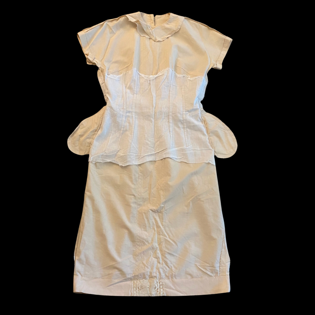 Vintage Beige and White Lace Panel Wiggle Dress with Bow (S)