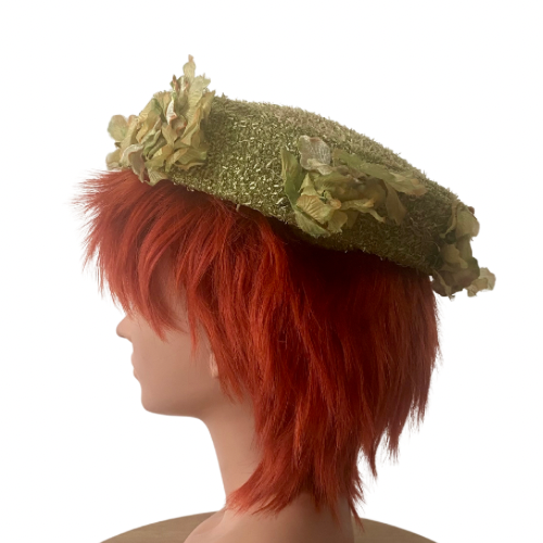 Vintage Textured Chartreuse Grassy Green Flower Pillbox Hat