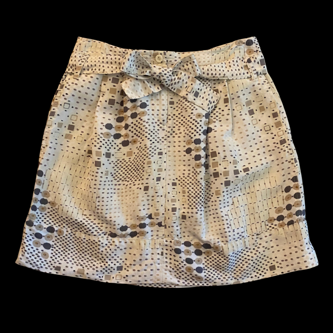 Cream/ Brown/ Tan Geometric Pattern Linen Skirt with Belt (8)