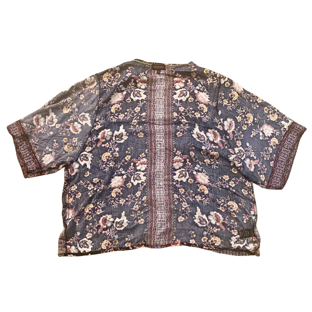 Navy Blue Floral Open Front Rayon Kimono-Inspired Cardigan (L)