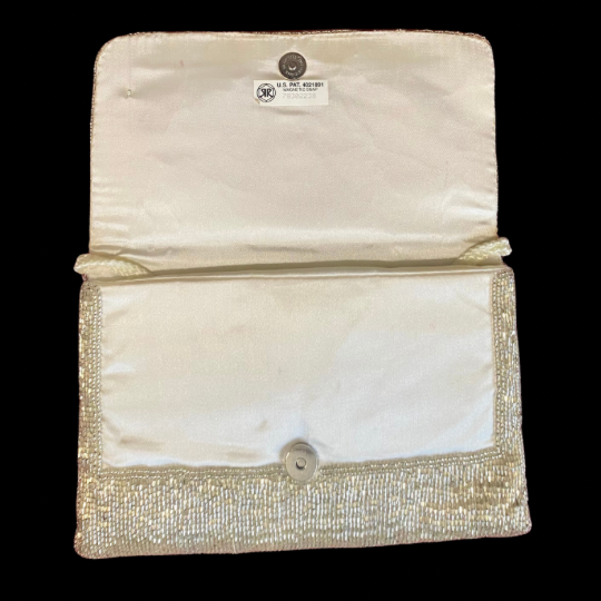 Vintage 60’s/70’s Silver Beaded Ivory Satin Evening Bag with Woven Cotton Shoulder Strap