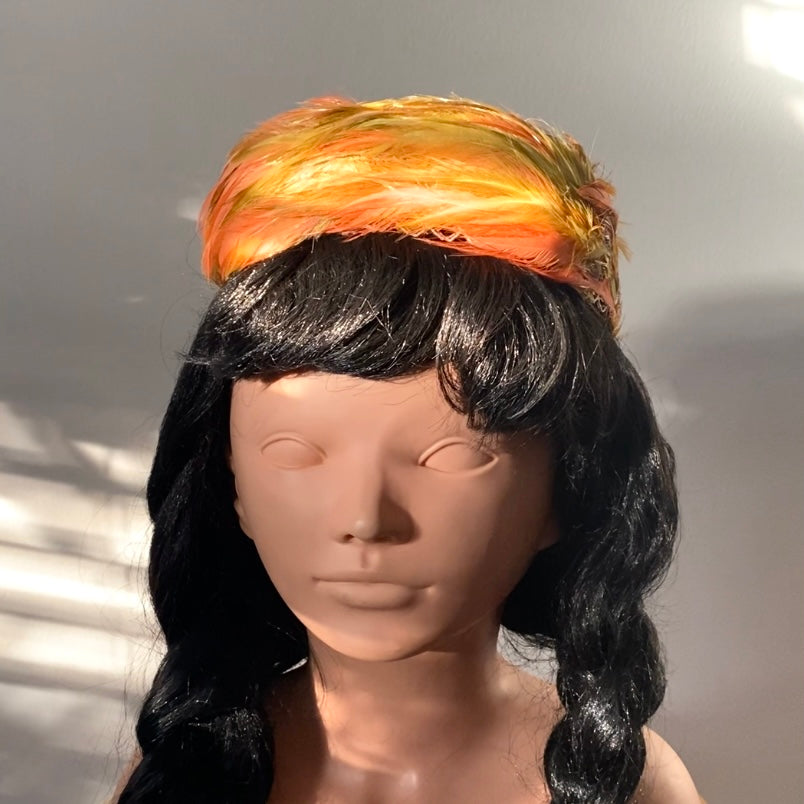 Vintage Orange, Brown, and Green Feather Pillbox Hat