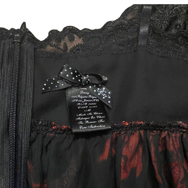 90’s Lacey Bust Black and Red Floral Babydoll Spaghetti Strap Dress (M)