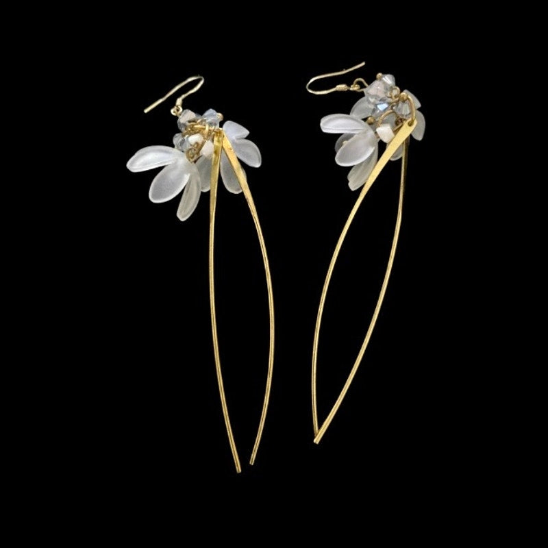 Frosted Acrylic Crystal Bead Flower Blossom Gold Dangle and Drop Earrings
