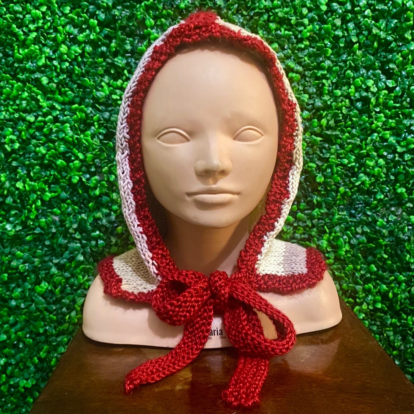 Striped Knit Cherry Red/ Neapolitan Bonnet-clava - Balaclava with Tie Closure (M)