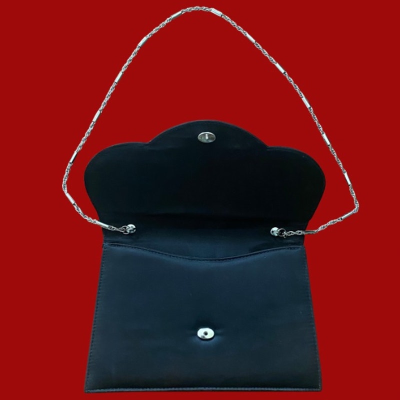 Vintage Black Satin Evening Bag with Silver Fan Decal and Chain Shoulder Strap