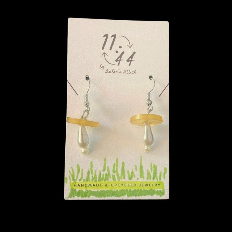 Yellow Vintage Pearl Bead & Button Mushroom Earrings