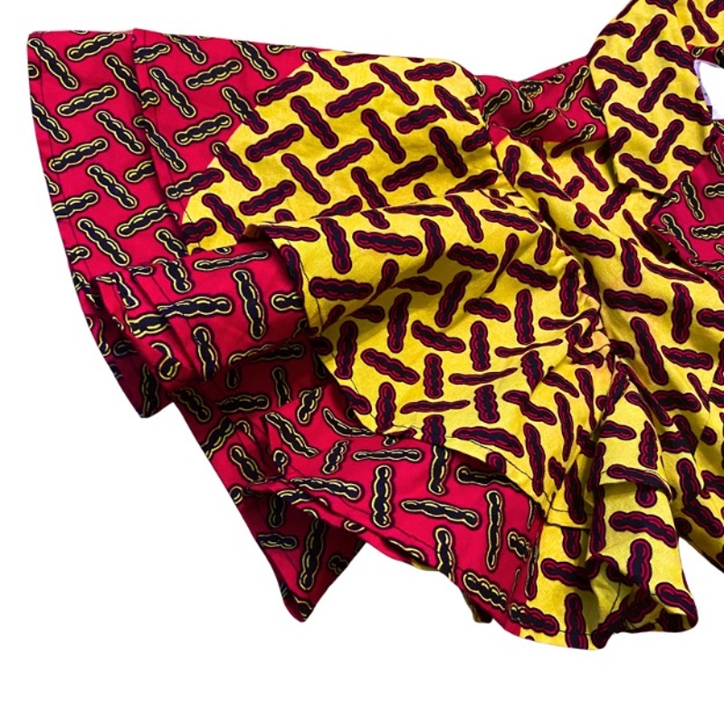 Vibrant Yellow Black & Red Geometric Ankara Print 100% Cotton Layered Wrap Dress (S)