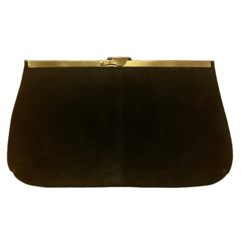 Vintage Large Black Suede Clutch/Evening Bag with Brass Clasp and Chain