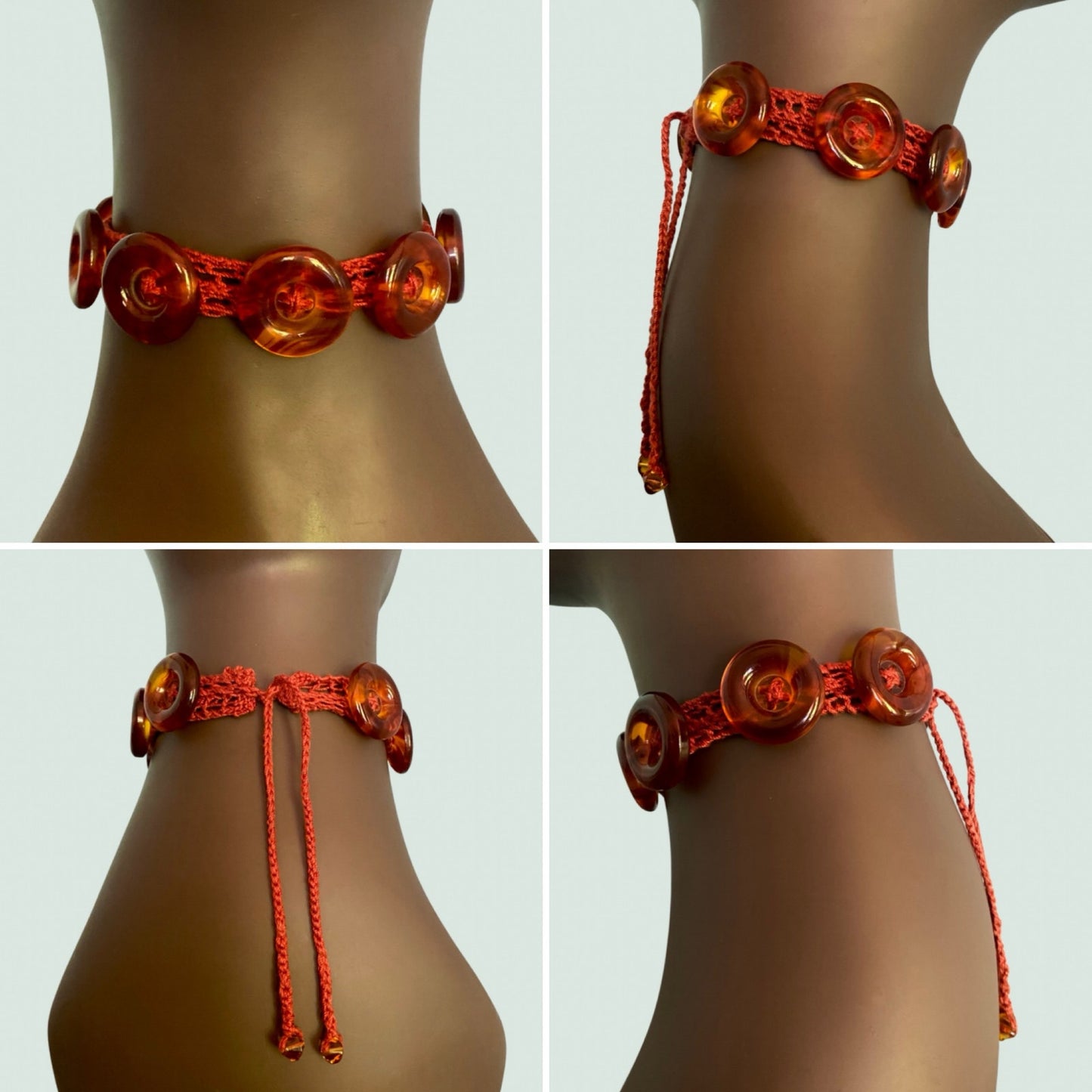 Burnt Orange Button Embellished Handknit Cotton Choker Necklace