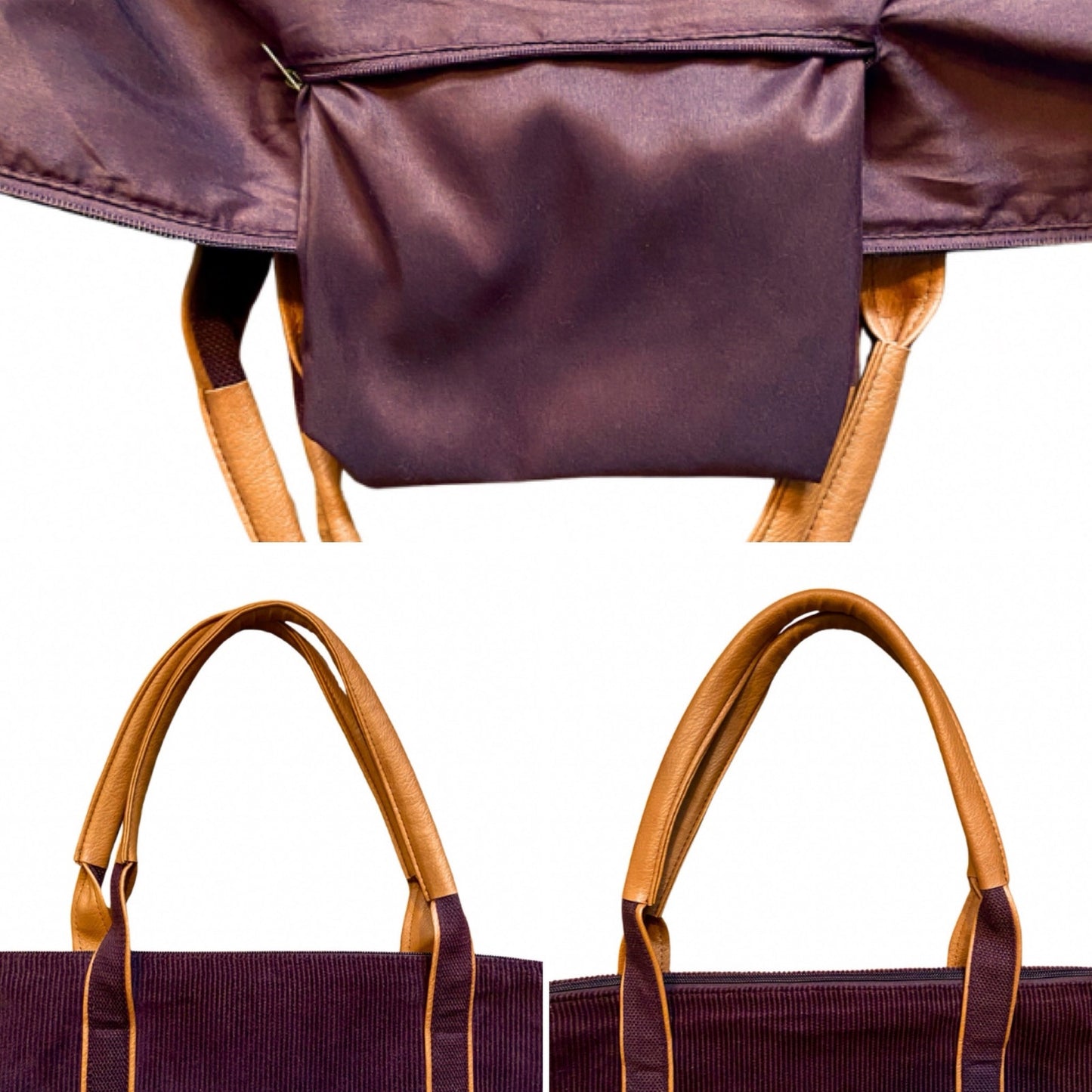 Large Maroon Corduroy Tan Faux Leather Weekender Bag with Adjustable Shoulder Strap