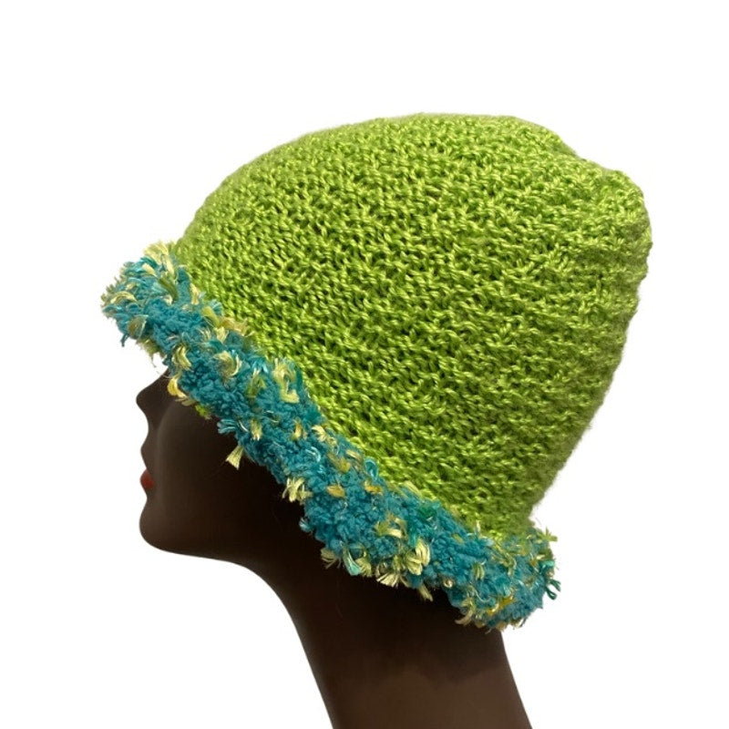 Mossy Lime Green & Teal Fuzzy Trim Bucket Hat (L)