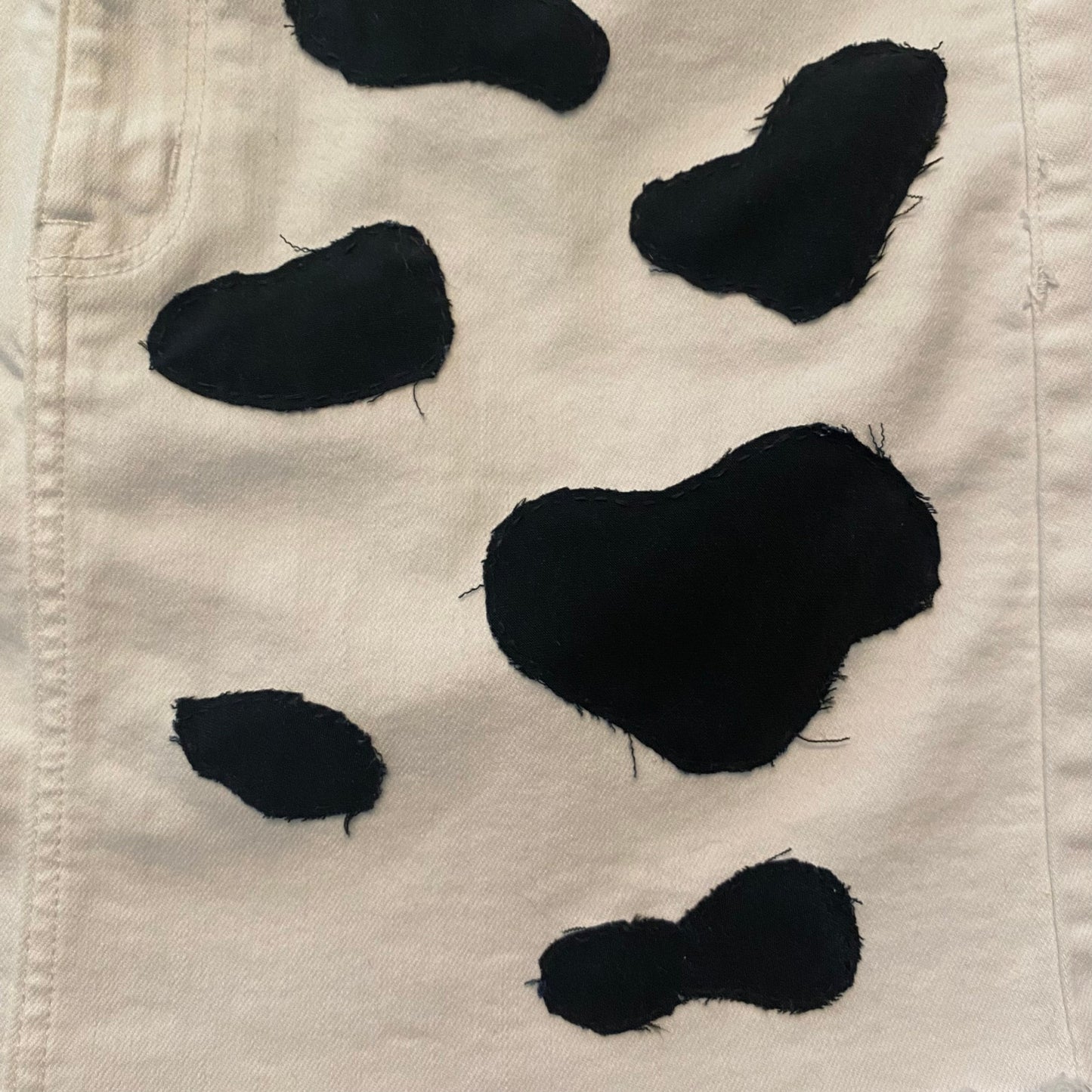 Upcycled White and Navy Blue Cowprint Stretch Denim Mini Skirt (16)