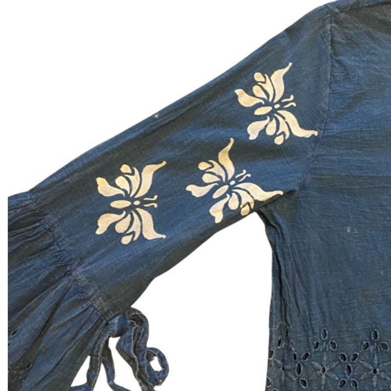 Breezy Indigo Blue & White Butterfly Bell Sleeve Lace Hem Cotton Blouse (M)
