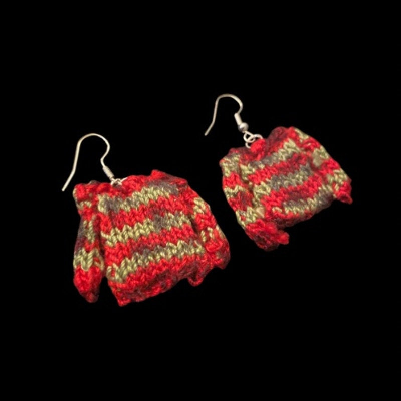 KRUEGER Red & Green Striped Sweater Earrings | Handknit with Cotton Thread