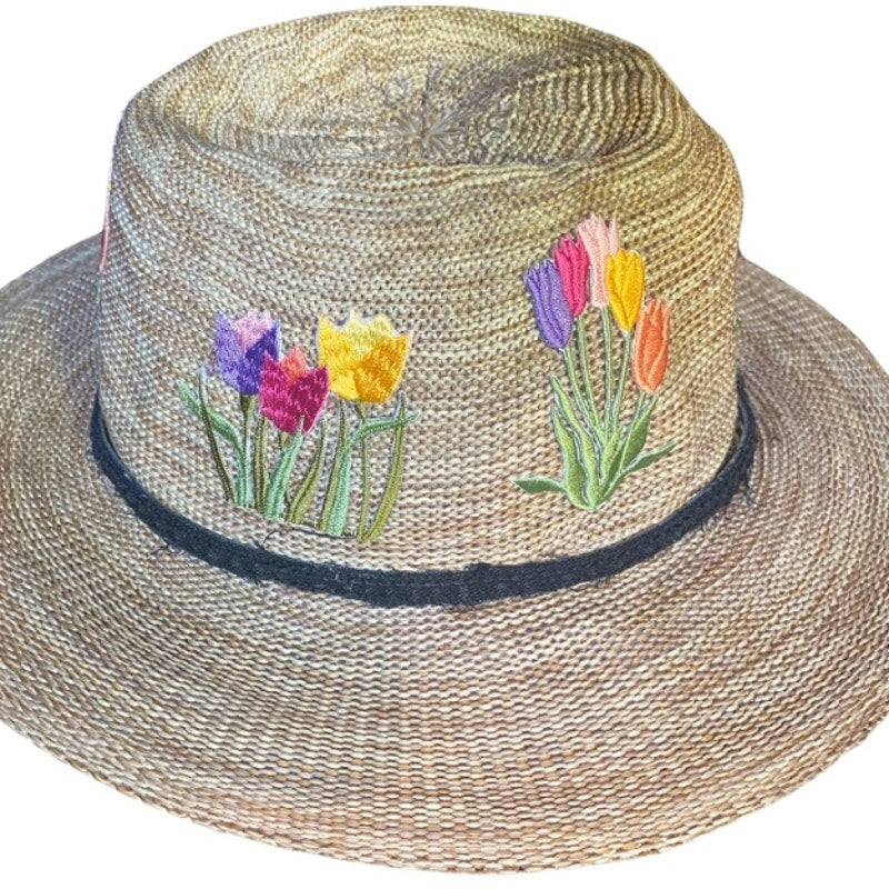 Upcycled Pink/Purple/Yellow Tulip Patch Straw Fedora