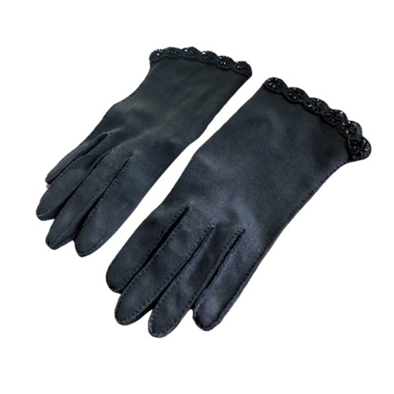 1960’s Crescendoe Vintage Ladies Beaded Black Suede Leather Tailored Gloves (Small)